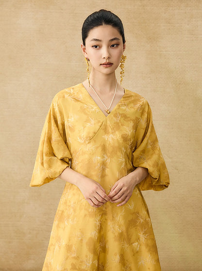 HECO Chinese V-Neck Waist Summer Elegant Floral Stitched Mesh dress - TULIP .