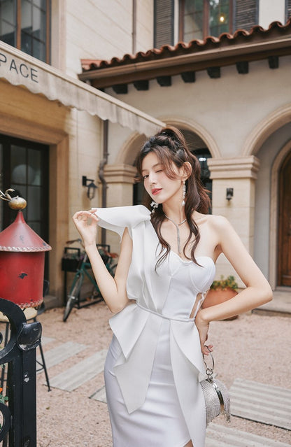 DOLLY Elegant Ruffled Off Shoulder Hollow Waist Irregular Hem Dinner Dress-NINA