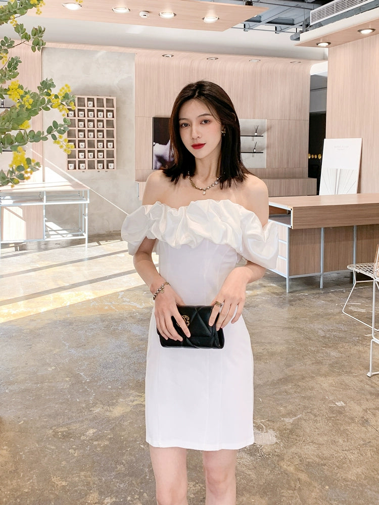 DOLLY Elegant Short Sleeve Ruffle Off Shoulder Chest Wrap Short Party Dress-LIZA