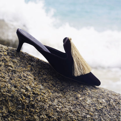 B-FEI Chinese black and gold kitten heels women's mules-TIKAI.