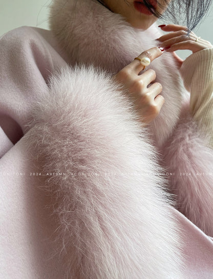Aconiconi Winter pink wool cape fox fur sleeve double-sided coat-Sakura