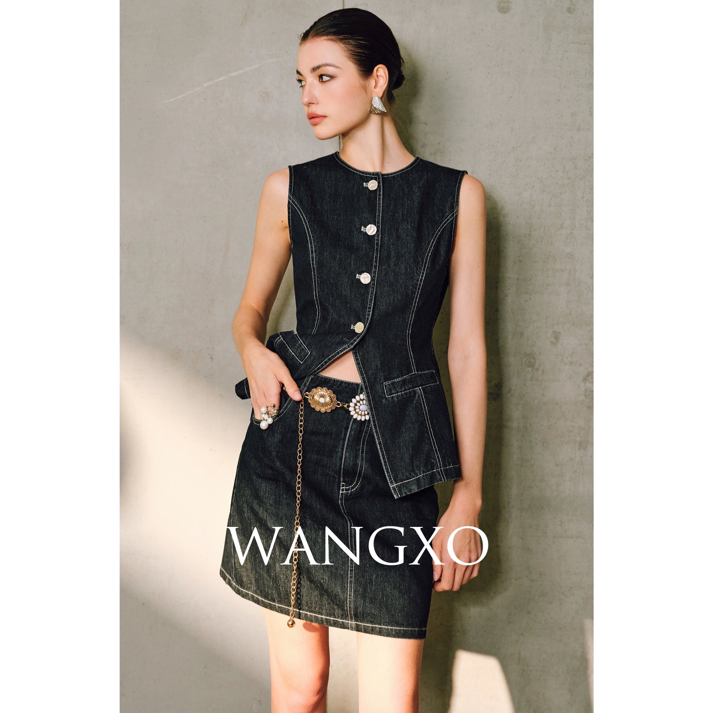 WANGXO | Denim with High-Quality Cotton Blend Waist Contrast Line Denim Vest & Skirt Set -ZIVA