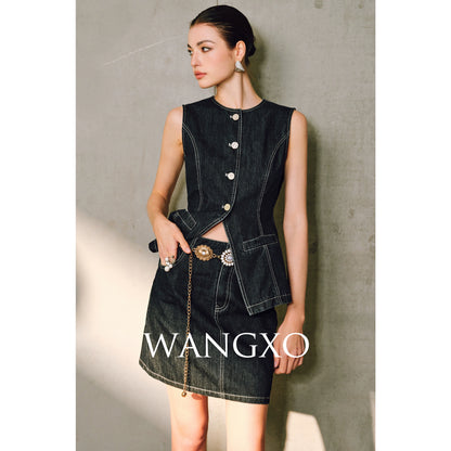 WANGXO | Denim with High-Quality Cotton Blend Waist Contrast Line Denim Vest & Skirt Set -ZIVA