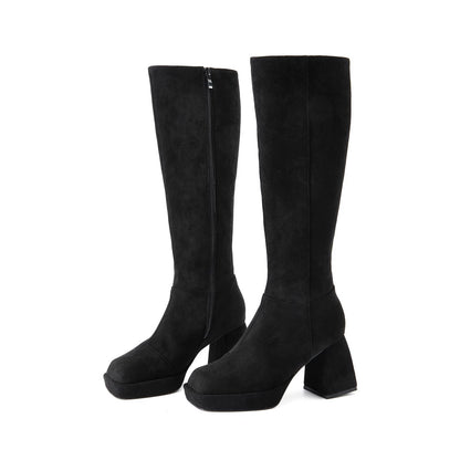 B-FEI platform thick square heel leather high boots-KARDA.