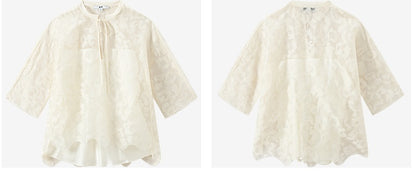 COMME MOI silk embroidered lace-up half-sleeved top - ESTHER.