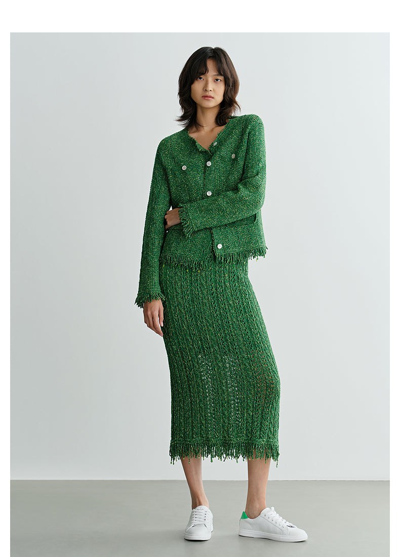 COMME MOI Lv Yan designer spring new women's beaded tassel cut-out knitted skirt - DAISY.