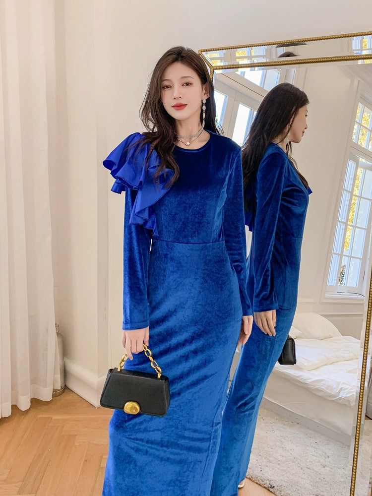 DOLLY Elegant Velvet Crew Neck Long Sleeve Ruffle Long Banquet Dress-PELKA