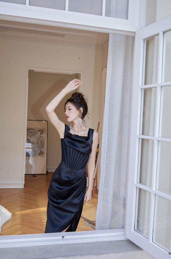 DOLLY Elegant French Style Herringbone One Shoulder Irregular Hem Dinner Dress-SALOMI