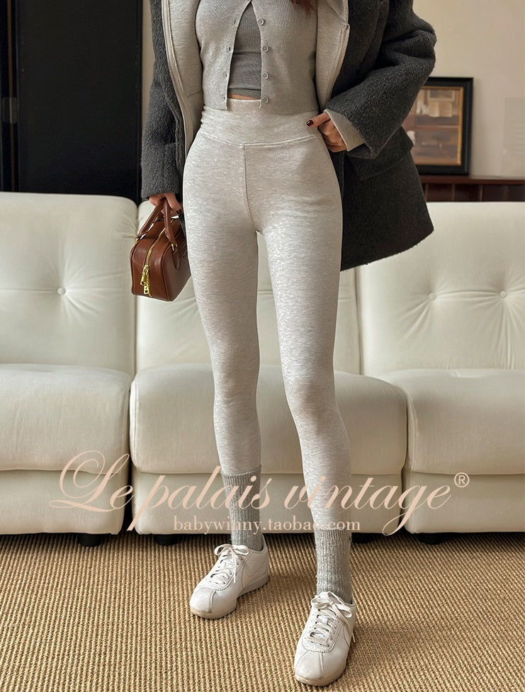 Le Palais Vintage Original Black Silver Grey Multi-Wear Wide-brimmed Fleece Hip Leggings-LEN