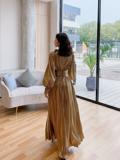 DOLLY Elegant Retro Gold Deep V-Neck Long Puff Sleeve Long Slit Award Dress-HUGO