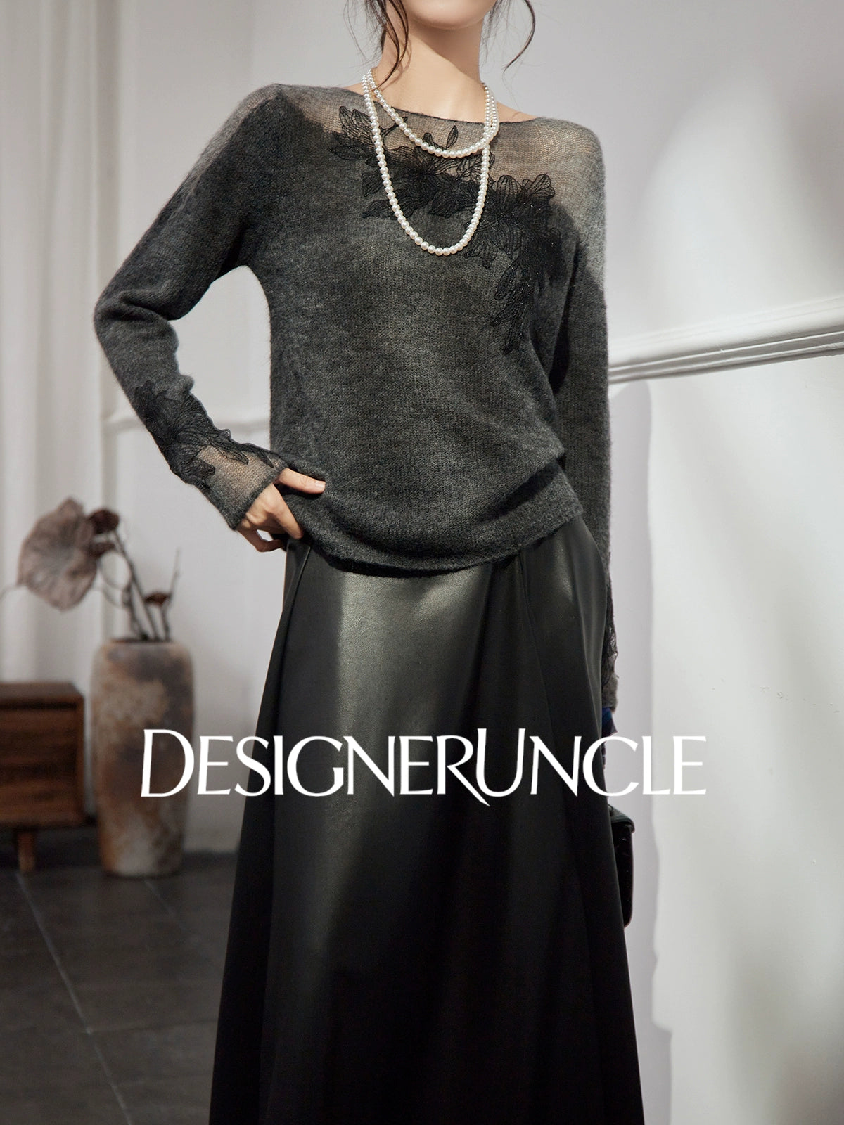 DGU "Yanci" black sweater crew neck commuter versatile slimming knitted long sleeves - GARP.