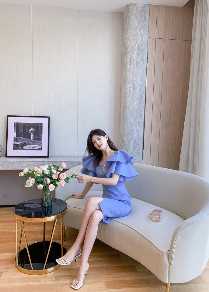 DOLLY Elegant V-Neck Short Ruffle Sleeves Slim Fit Midi Slit Office Dress- ilLA