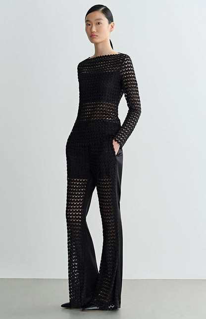 COMME MOI summer black cut-out satin panel flared pants - MADELYN.