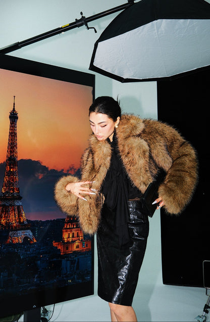 MEI SANGUAN coffee color short eco-friendly fur jacket - FRANSISCO