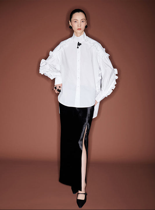 M essential Mackay designer white cotton three-dimensional ruffle trim shirt -  Tori.