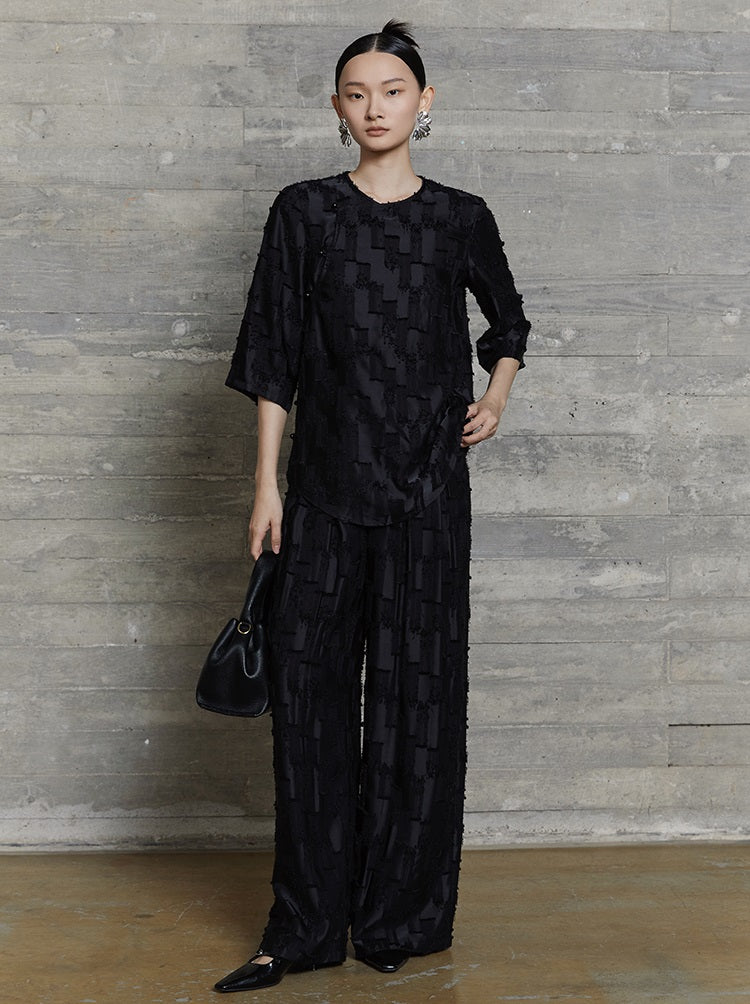 HECO jacquard loose thin wide-leg high waisted black pink apricot PANTS women - PURPOSE.