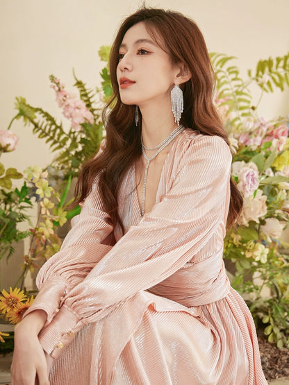 DOLLY Elegant Peach V-Neck Long Puff Sleeve High Waist Long Flowing Guest Dress-BESTY