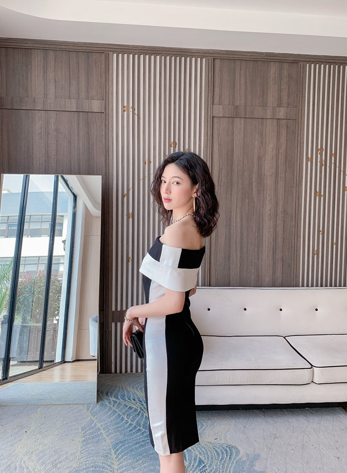 DOLLY Elegant Black and White Off Shoulder Short Sleeve Long Bandage Dress-MAZE