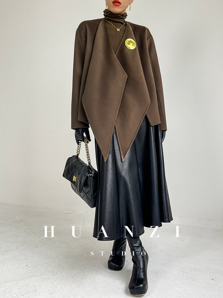 Huanzi wool tweed autumn  winter short cashmere double-sided coat - Talfy