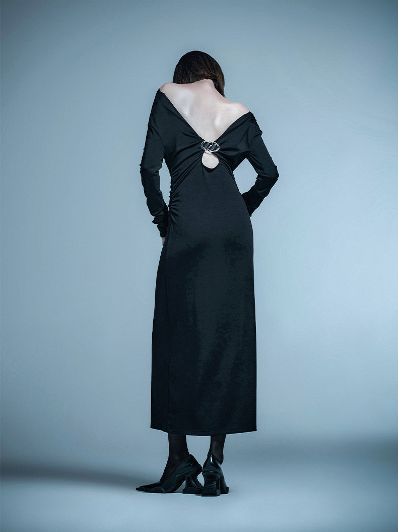 ANNAKIKI  Designer Vertical Back Cut-out Pleated One-Line Neck Dress-MIU