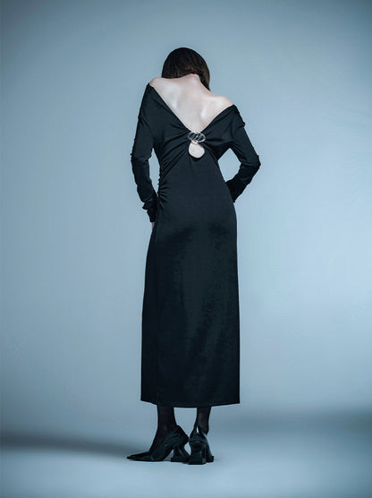 ANNAKIKI  Designer Vertical Back Cut-out Pleated One-Line Neck Dress-MIU