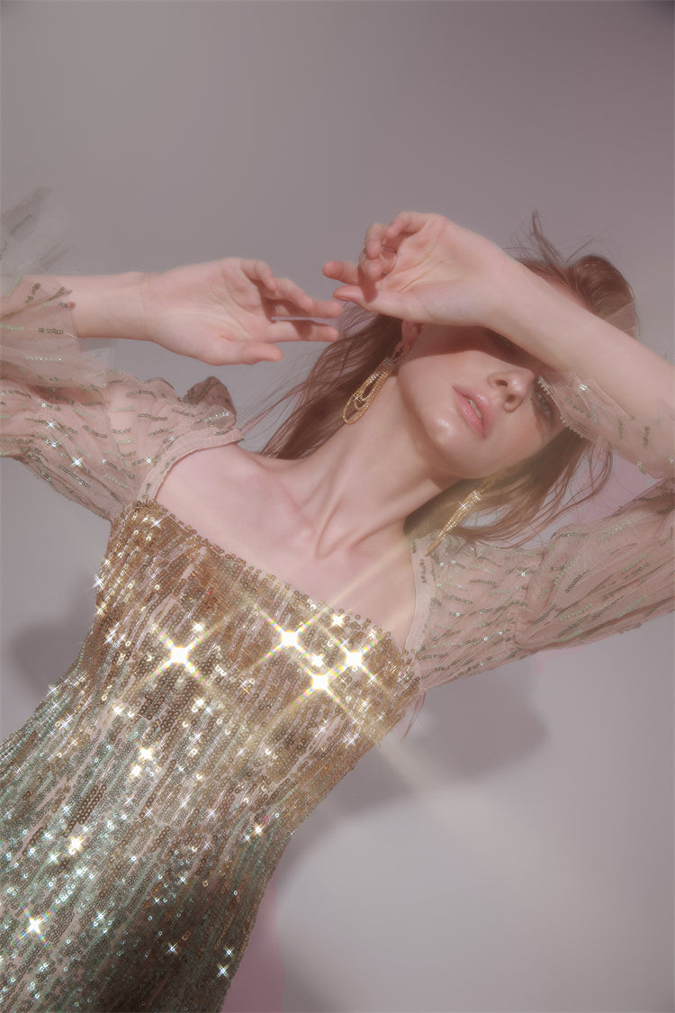 Wardrobes by Chen High End Golden Green multi color sequince mini dress-Serah