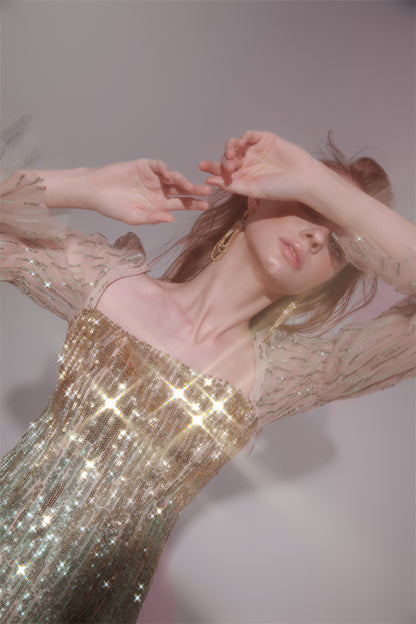 Wardrobes by Chen High End Golden Green multi color sequince mini dress-Serah