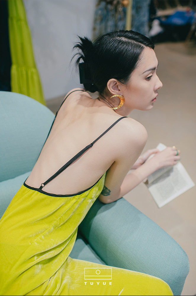 TUYUE Silk Velvet Backless Suspender Long Dress- GATSBY.