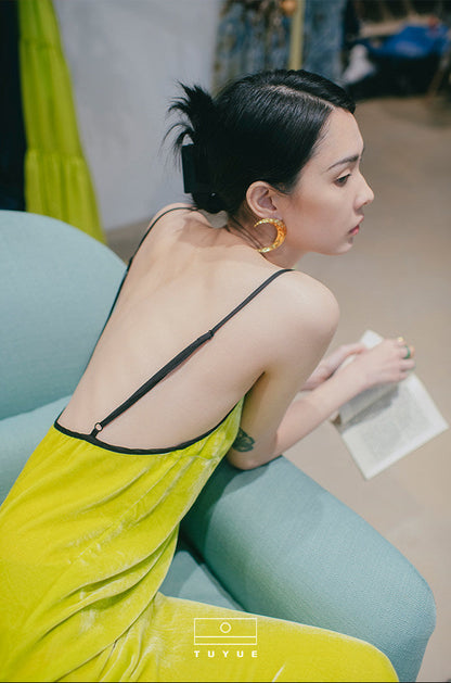 TUYUE Silk Velvet Backless Suspender Long Dress- GATSBY.