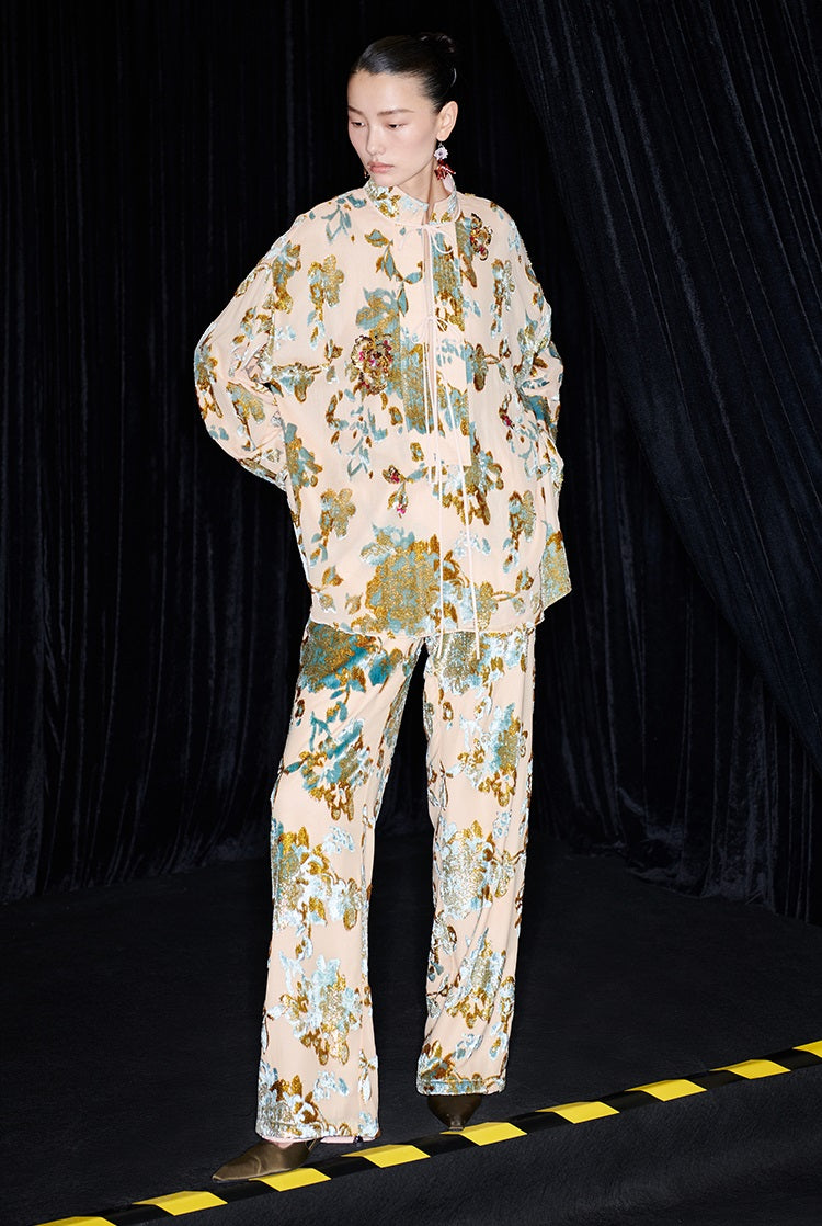 M essential Mackay designer brand Qili burnt flower velvet beads loose top - WORD.