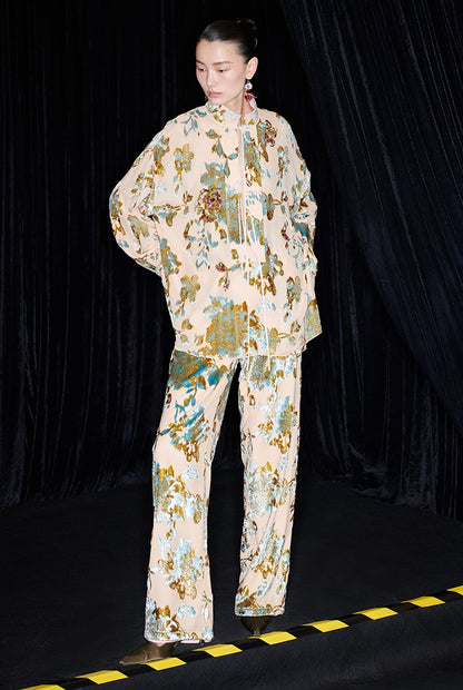 M essential Mackay designer brand Qili burnt flower velvet beads loose top - WORD.