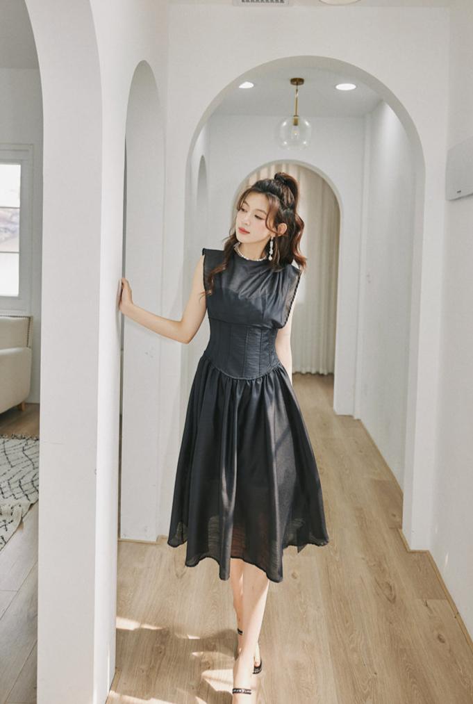 DOLLY High End Black Retro Flying Sleeve Pleated High Waist Midi Office Dress-BRANCA