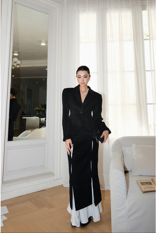 MEI SANGUAN Waist-Cinched Wool Suit Long Skirt- COLE