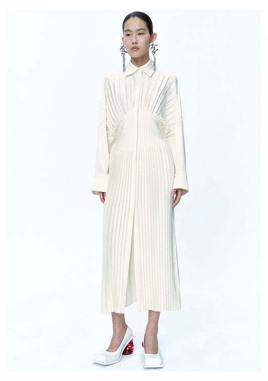 The MAYALI Fall/Winter shirt collar panel pressed pleated long-sleeved dress -Nichee