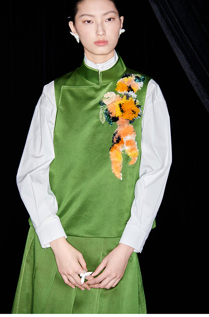 M essential Mackay designer Emerald Green Silk Anemone Raffia Embroidery Vest - jack.