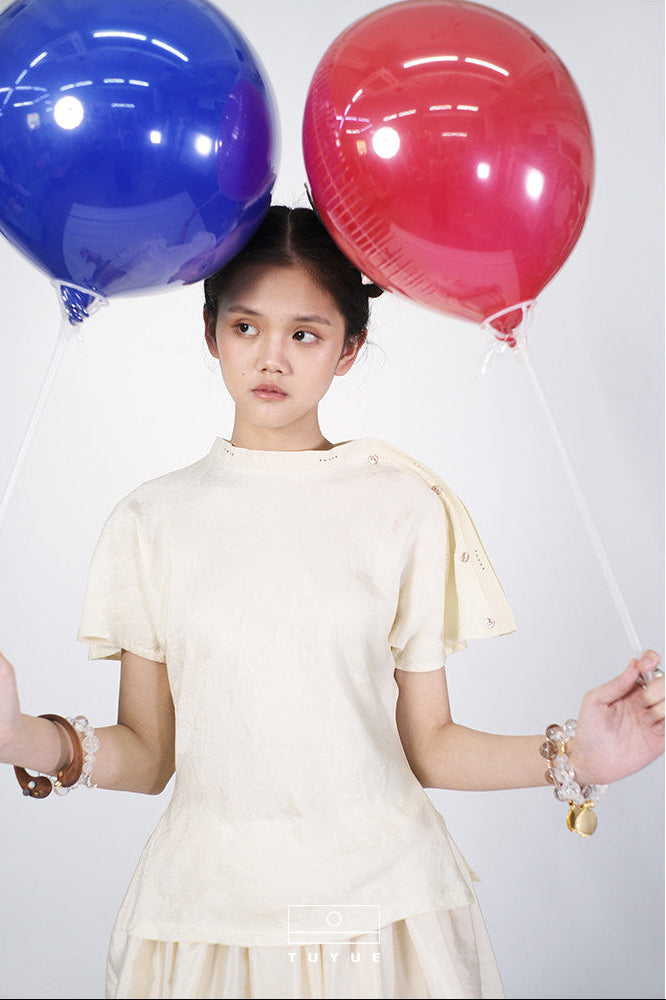 TUYUE Ivory Weaving Slim Short-Sleeved Top - BARBIE.