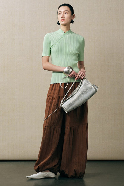 ZHUCHONGYUN stand-up collar slim diagonal placket knit top-BIBI.