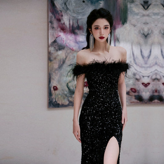 DOLLY Elegant Black Glitter Feather Off Shoulder Long Slit Formal Dinner Dress-LES (V)