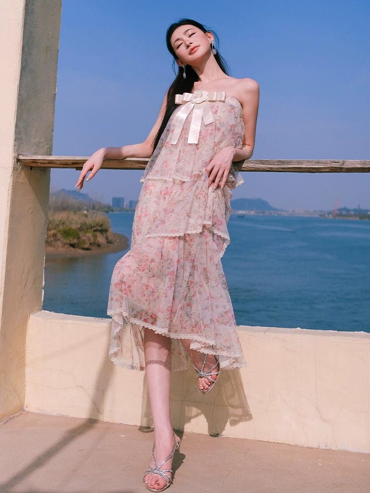 Wardrobes by Chen Luxury Floral Tube bow Maxi Summer Dress-Marilyn