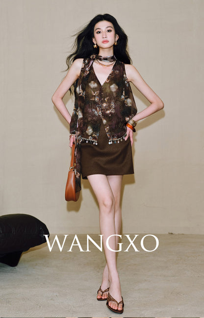 WANGXO Twill with Sequined Silk Wide Belt A-Line High-Waisted Short Skirt - NYXIE.
