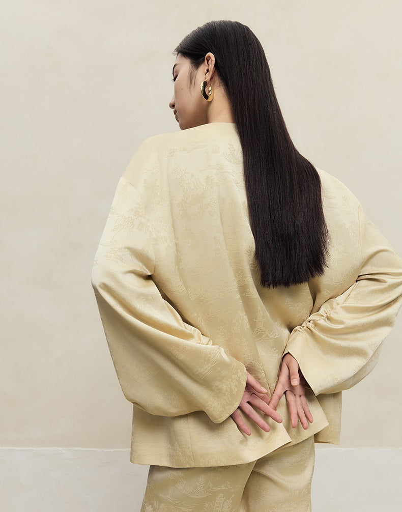 HECO Shan Ting Acetate Jacquard Suit Loose black yellow Top Pants Women - favour.