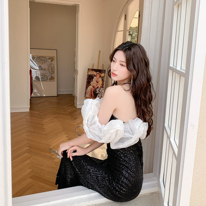 DOLLY Luxury Black Off Shoulder White Ruffle Chest Wrap Long Banquet Dress-NOLA