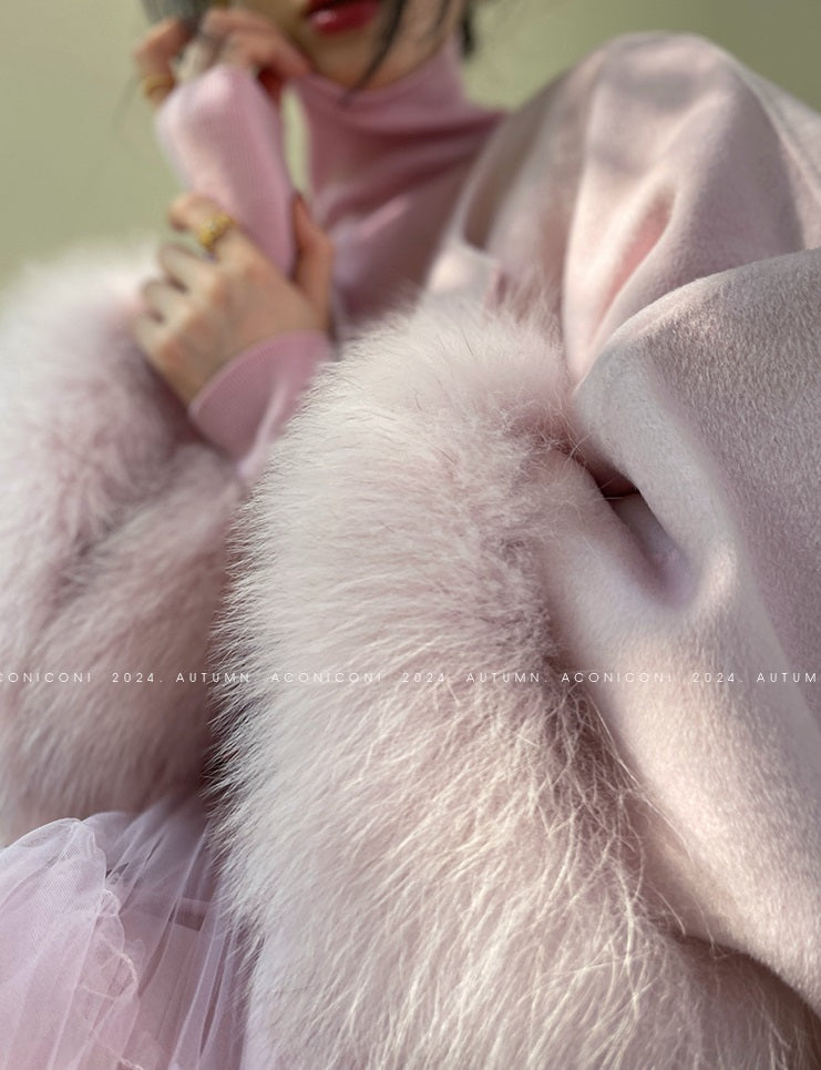 Aconiconi Winter pink wool cape fox fur sleeve double-sided coat-Sakura