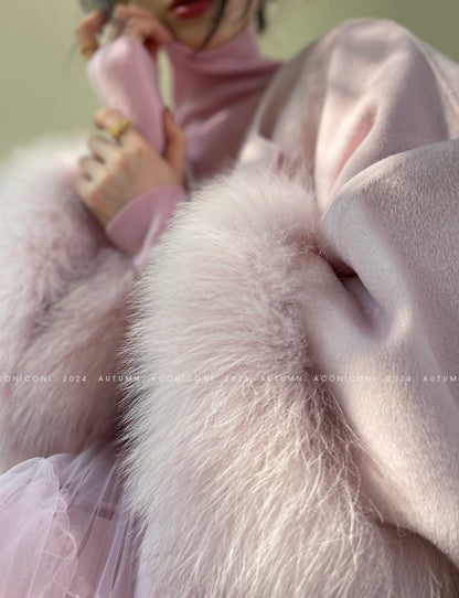 Aconiconi Winter pink wool cape fox fur sleeve double-sided coat-Sakura