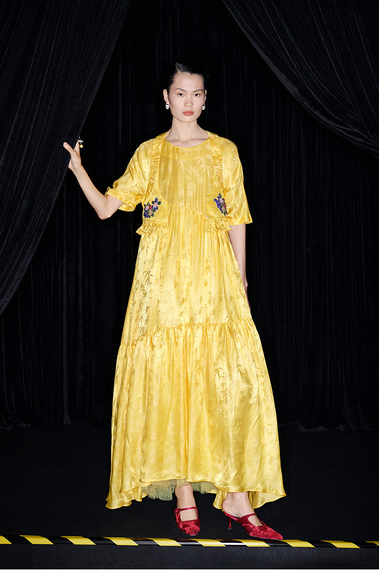 M essential Mackay designer Pine yellow jacquard short-sleeved tower fll dress- Abyn.