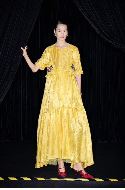 M essential Mackay designer Pine yellow jacquard short-sleeved tower fll dress- Abyn.