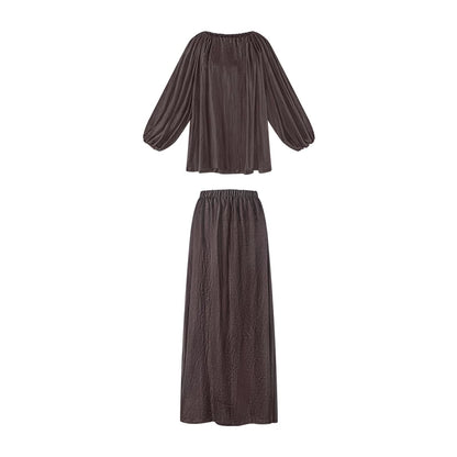 TUYUE Brown texture cotton and linen top and skirt set - NIMO.