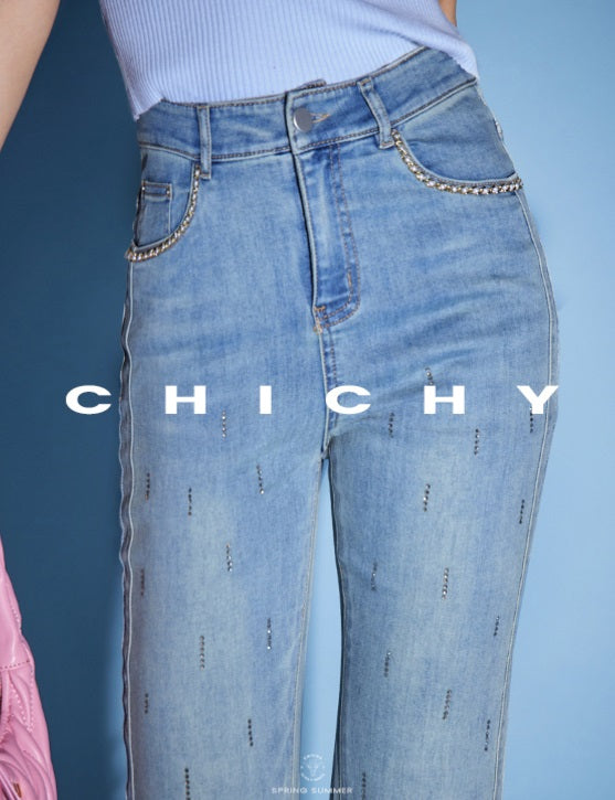 CHICHY chic bootcut high-waisted thin light blue long pants-SALLY