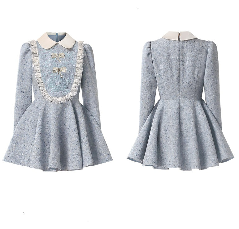 CHECOCRE Elegant Contrasting Lace Short Blue Dress Sweet Doll Collar - PUR
