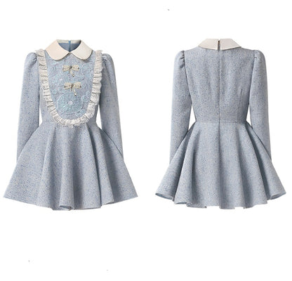 CHECOCRE Elegant Contrasting Lace Short Blue Dress Sweet Doll Collar - PUR